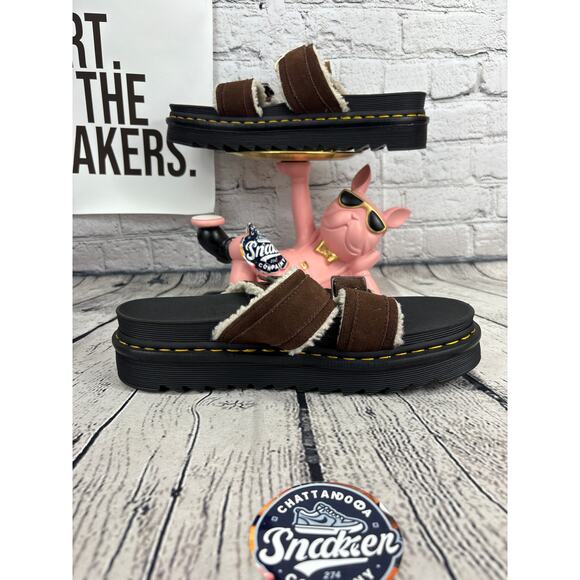 Dr Martens Myles Platform Sandals Mens 11 Black Brown Fur Lined Buckle Slide NEW